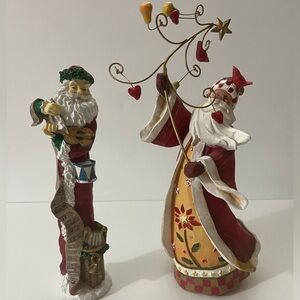 2 Festive Santa Figurines, Wood Look